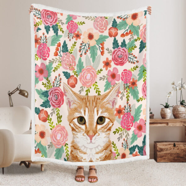 Cat Fleece Blanket – Orange Tabby Floral Cat – Cat In Blanket – Cats Blanket – Furlidays