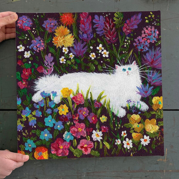 Cat Square Canvas – White Cat In Flowers – Canvas Print – Cat Canvas – Cats Canvas Print – Cat Wall Art Canvas – Furlidays