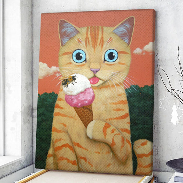 Cat Portrait Canvas – Eating Ice Cream – Cat Wall Art Canvas – Cats Canvas Print – Furlidays