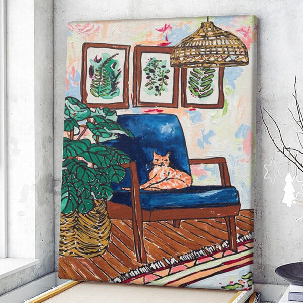 Cat Portrait Canvas – Ginger Cat On Blue Mid Century Chair – Painting Canvas Print – Cat Wall Art Canvas – Furlidays