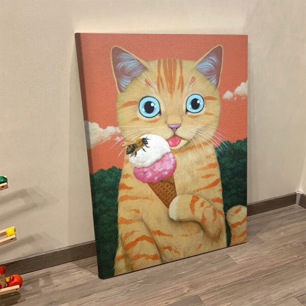 Cat Portrait Canvas – Eating Ice Cream – Cat Wall Art Canvas – Cats Canvas Print – Furlidays