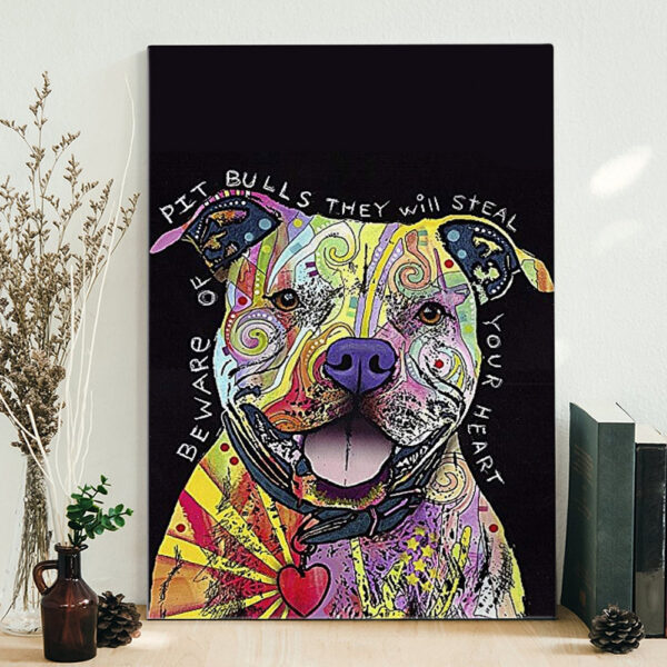 Portrait Canvas – Beware Of Pit Bulls – Dogs Canvas – Dog In Canvas – Canvas With Dog On It – Dog Face Canvas – Dog Wall Art Canvas – Furlidays