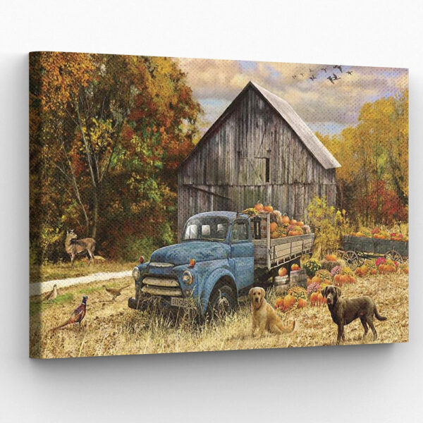 Dog Landscape Canvas – Fall Truck And Barn – Canvas Print – Dog Wall Art Canvas – Dog Poster Printing – Dog Canvas Art – Furlidays