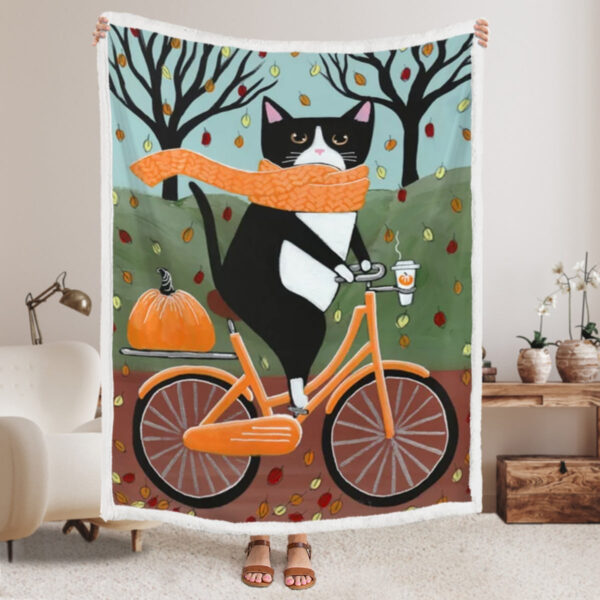 Cats Blanket – Tuxedo Cat Autumn Bicycle Ride – Cat Fleece Blanket – Cat Throw Blanket – Furlidays