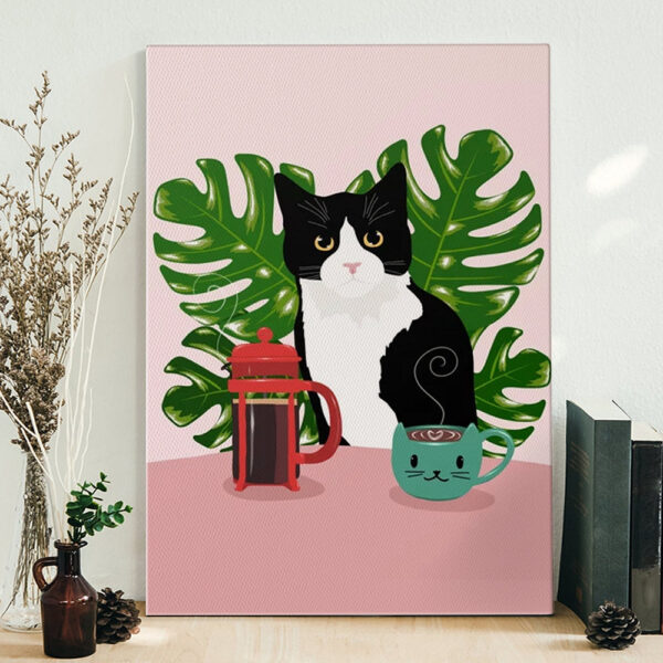 Cat Portrait Canvas – Tuxie Cat And Coffee – Canvas Print – Cat Wall Art Canvas – Canvas With Cats On It – Furlidays