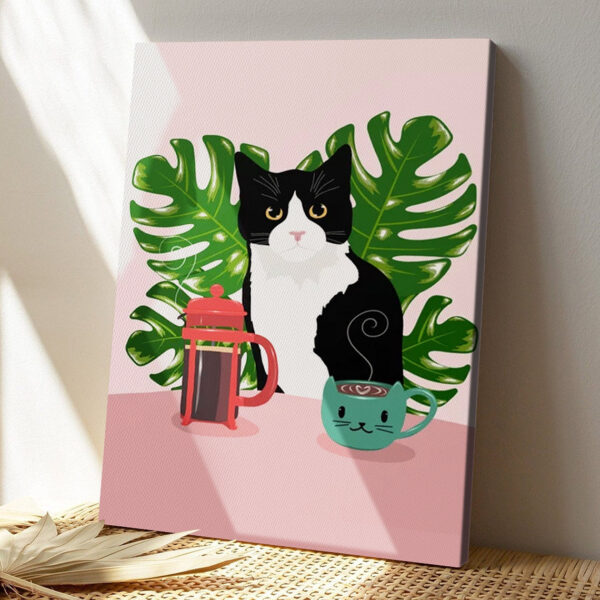 Cat Portrait Canvas – Tuxie Cat And Coffee – Canvas Print – Cat Wall Art Canvas – Canvas With Cats On It – Furlidays