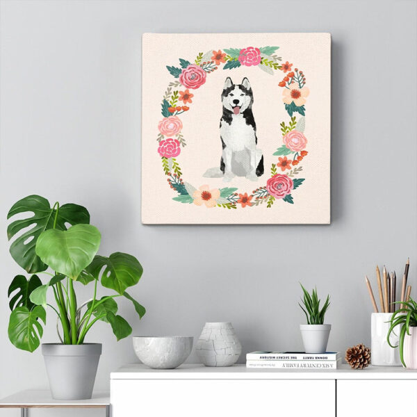 Dog Square Canvas – Husky Floral Wreath Spring – Canvas Print – Canvas With Dogs On It – Dog Canvas Art – Furlidays