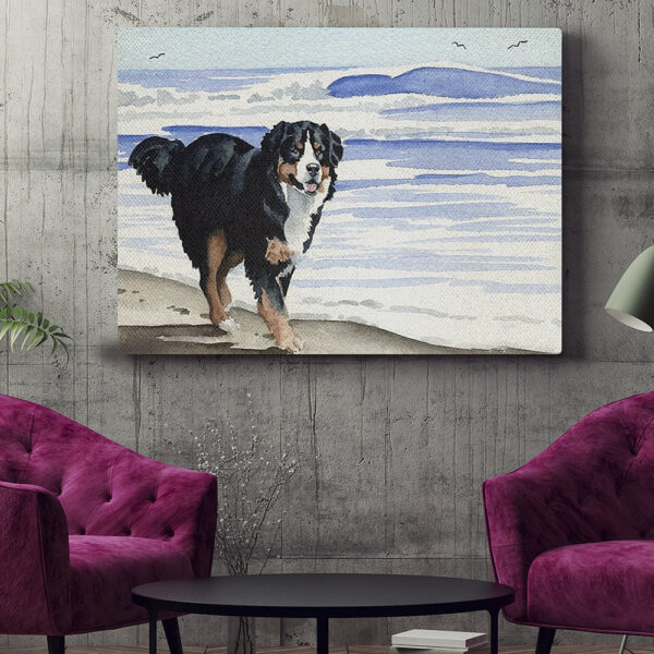 Dog Landscape Canvas – Bernese Mountain Dog At The Beach – Canvas Print – Dog Poster Printing – Dog Canvas Art – Dog Wall Art Canvas – Furlidays