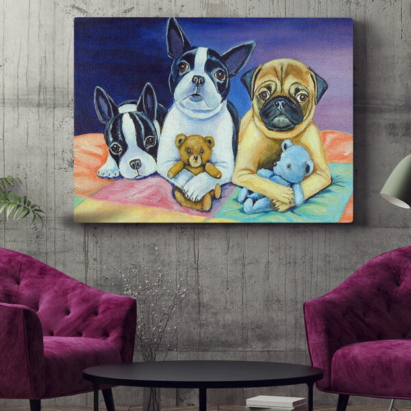 Dog Landscape Canvas – Boston Terrier And Pug Puppies – Canvas Print – Dog Painting Posters – Dog Canvas Art – Dog Wall Art Canvas – Furlidays