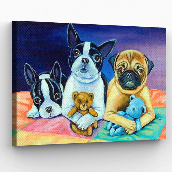 Dog Landscape Canvas – Boston Terrier And Pug Puppies – Canvas Print – Dog Painting Posters – Dog Canvas Art – Dog Wall Art Canvas – Furlidays