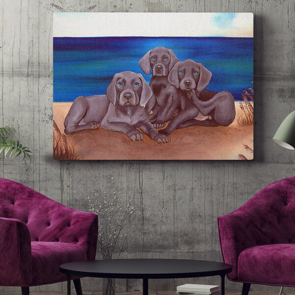 Dog Landscape Canvas – Baby Weims On Beach – Weimaraner – Canvas Print – Dog Canvas Art – Dog Wall Art Canvas – Furlidays