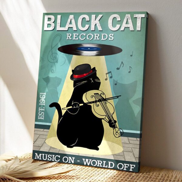 Black Cat Records Music On – World Off – Cat Pictures – Cat Canvas Poster – Cat Wall Art – Gifts For Cat Lovers – Furlidays