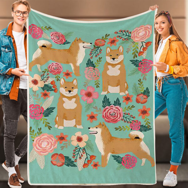 Dog Blankets – Shiba Inu Floral Collage – Dog Blanket For Couch – Dog Fleece Blanket – Dog Painting Blanket – Furlidays