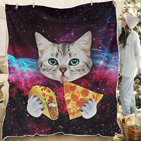 Fleece Throw Blanket – Blanket With Cats Face – Cat Blanket – Cat Fleece Blanket – Cat Eat Pizza – Furlidays