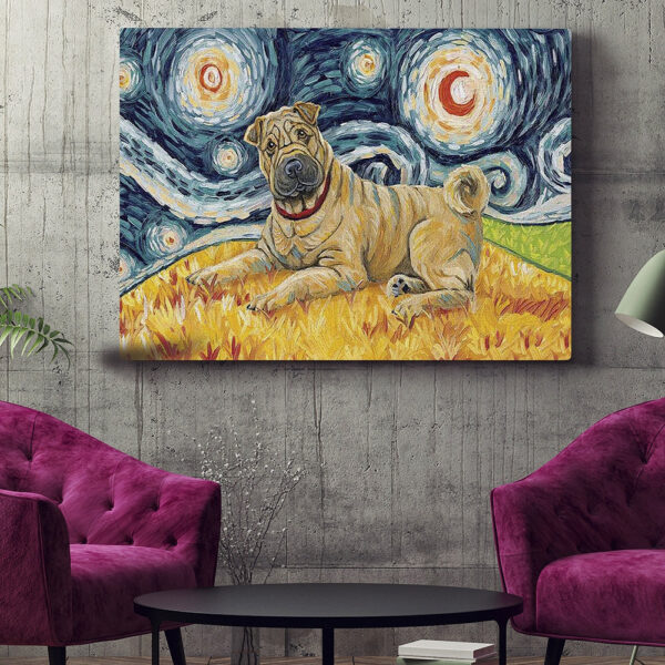 Dog Landscape Canvas – Shar Pei On A Starry Night – Canvas Print – Dog Wall Art Canvas – Dog Poster Printing – Furlidays