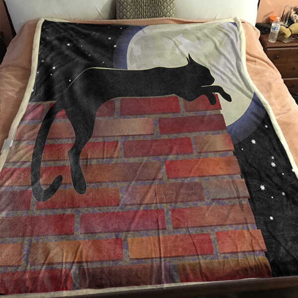 Cat Blanket – Cat Throw Blanket – Cat Fleece Blanket – Blanket With Cats – Cat Resting on a Brick Wall in a Starry Night Full Moon  – Furlidays