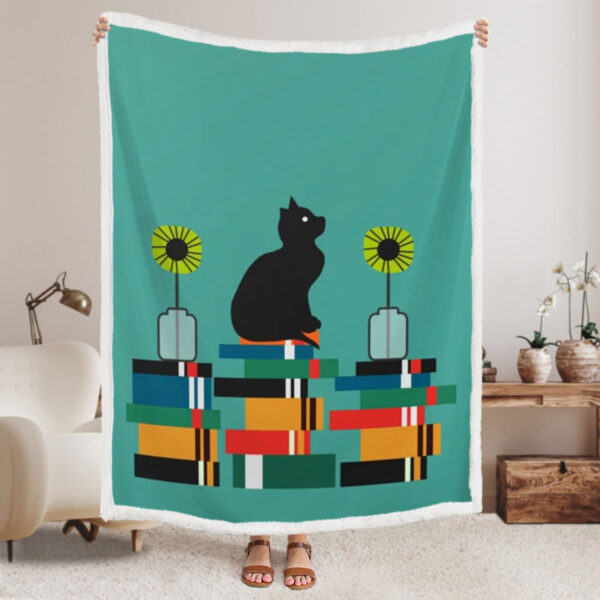 Cats Blanket – Cat, Books And Flowers – Cat Fleece Blanket – Cat Blanket For Couch – Furlidays