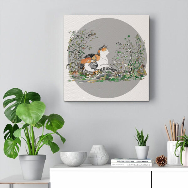 Cat Square Canvas – Cat Wall Art Canvas – Calico Cat In The Garden -Canvas Print – Cats Canvas Print – Furlidays