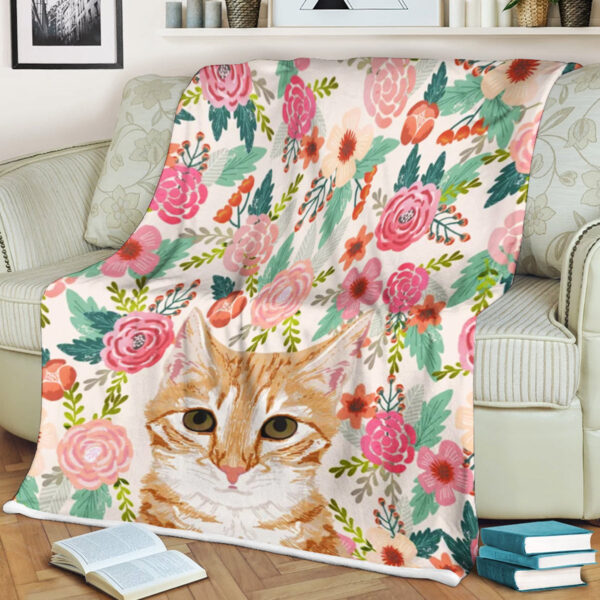 Cat Fleece Blanket – Orange Tabby Floral Cat – Cat In Blanket – Cats Blanket – Furlidays