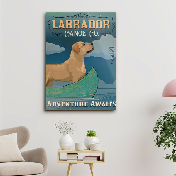 Labrador Canoe Co Adventure Awaits – Dog Pictures – Dog Canvas Poster – Dog Wall Art – Gifts For Dog Lovers – Furlidays