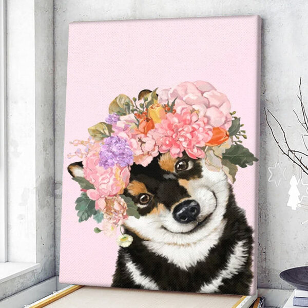 Dog Portrait Canvas – Black Shiba Inu With Flower Crown – Canvas Print – Dog Canvas Art – Dog Poster Printing – Furlidays