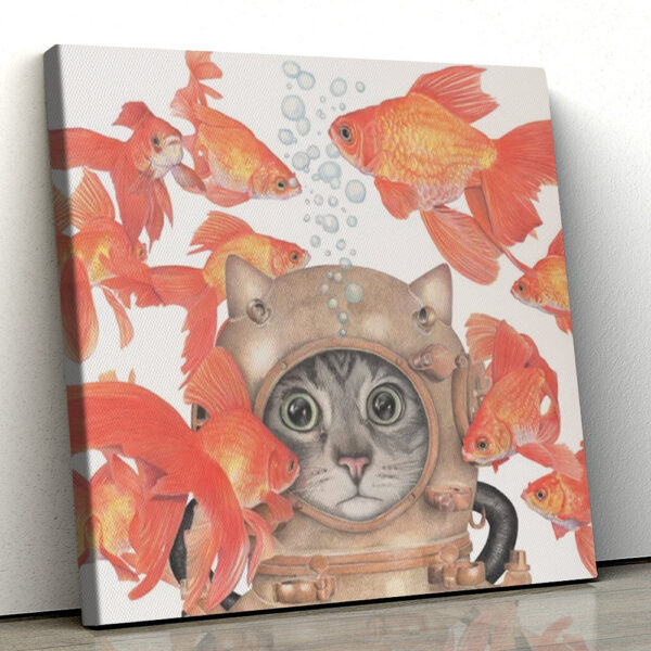 Cat Square Canvas – Scuba Cat Among The Fishes – Cat Wall Art Canvas -Canvas Print – Canvas With Cats On It – Furlidays