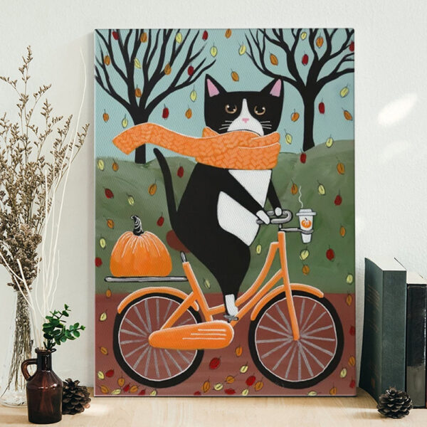 Cat Portrait Canvas – Tuxedo Cat Autumn Bicycle Ride – Canvas With Cats On It – Canvas Print – Cat Poster Printing – Furlidays