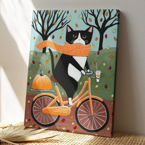 Cat Portrait Canvas – Tuxedo Cat Autumn Bicycle Ride – Canvas With Cats On It – Canvas Print – Cat Poster Printing – Furlidays