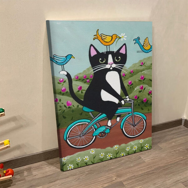 Cat Portrait Canvas – Tuxedo Cat Spring Bicycle Ride – Canvas Print – Canvas With Cats On It – Furlidays
