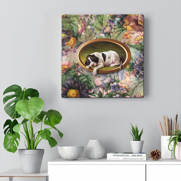 Dog Square Canvas – A Small Joke With A Dog – Cute Puupy Sliping On The Floral – Canvas Print – Dog Wall Art Canvas – Furlidays