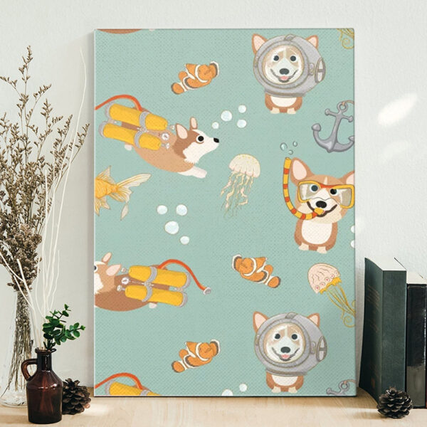 Dog Portrait Canvas – Happy Diving Corgis – Canvas Print – Dog Wall Art Canvas – Dog Poster Printing – Furlidays