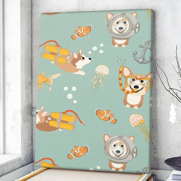 Dog Portrait Canvas – Happy Diving Corgis – Canvas Print – Dog Wall Art Canvas – Dog Poster Printing – Furlidays