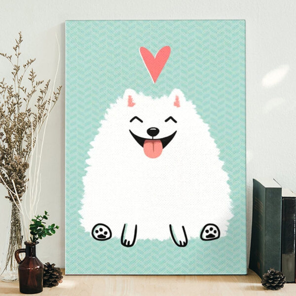 Dog Portrait Canvas – Fluffy White Pomeranian Cartoon Dog With Heart – Canvas Print – Dog Painting Posters – Dog Wall Art Canvas – Furlidays