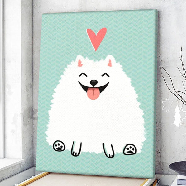Dog Portrait Canvas – Fluffy White Pomeranian Cartoon Dog With Heart – Canvas Print – Dog Painting Posters – Dog Wall Art Canvas – Furlidays