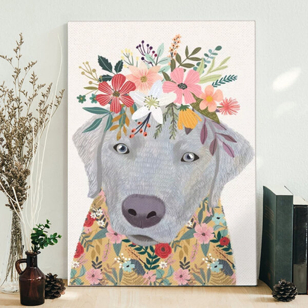 Dog Portrait Canvas – Silver Labrador With Flowers – Dog Wall Art Canvas – Dog Canvas Print – Dog Painting Posters – Furlidays