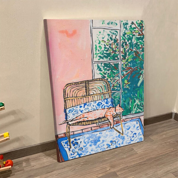 Cat Portrait Canvas – Napping Ginger Cat In Pink Jungle Garden Room -Canvas Print – Cat Wall Art Canvas – Cats Canvas Print – Furlidays