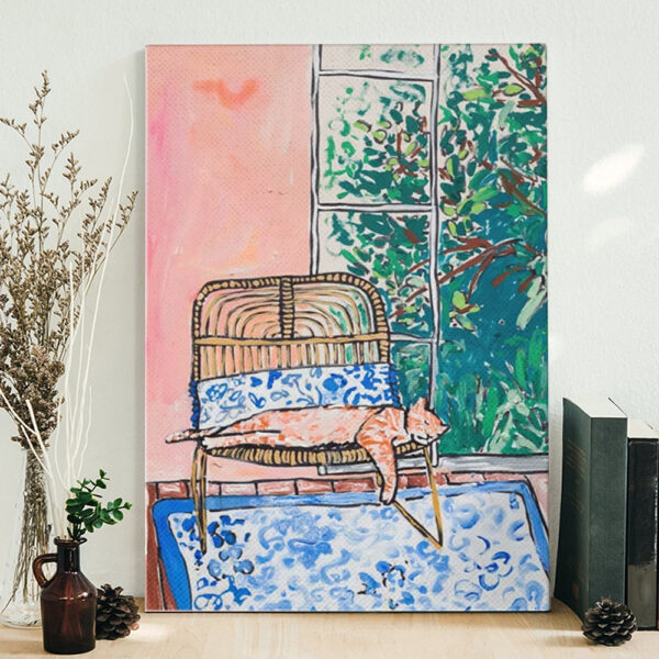 Cat Portrait Canvas – Napping Ginger Cat In Pink Jungle Garden Room -Canvas Print – Cat Wall Art Canvas – Cats Canvas Print – Furlidays