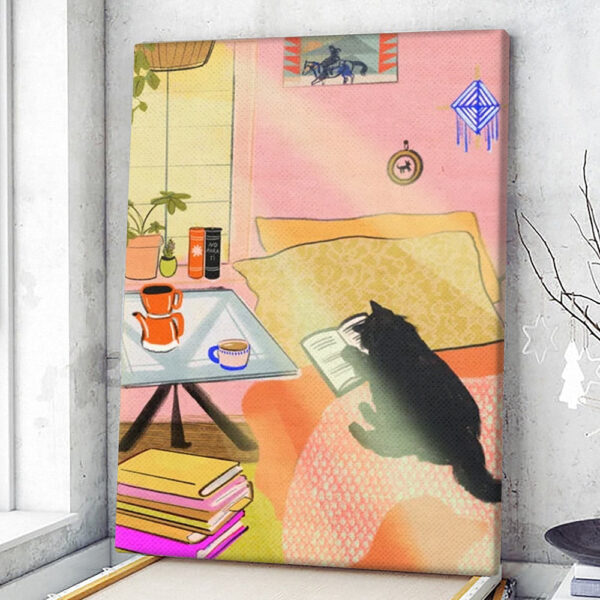 Cat Portrait Canvas – Well-Read Coffee Cat – Canvas Print – Cat Wall Art Canvas – Cats Canvas Print – Furlidays
