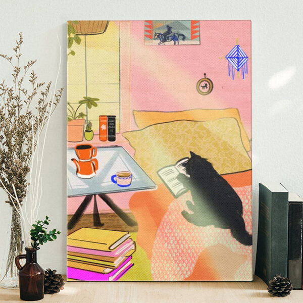Cat Portrait Canvas – Well-Read Coffee Cat – Canvas Print – Cat Wall Art Canvas – Cats Canvas Print – Furlidays