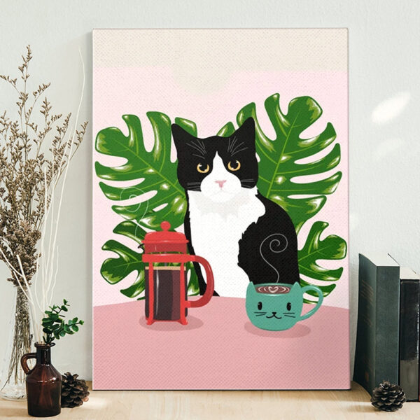 Cat Portrait Canvas – Cat Painting Posters – Tuxie Cat And Coffee Canvas Print – Cat Wall Art Canvas – Furlidays