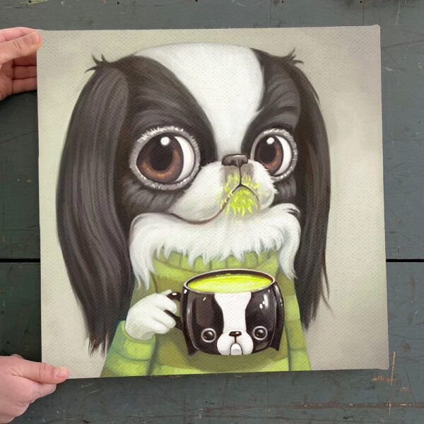 Dog Square Canvas – Dog Wall Art Canvas – Japanese Chin Sips Matcha Latte – Canvas Print – Furlidays