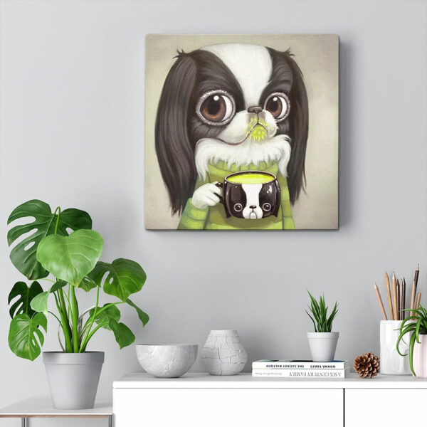 Dog Square Canvas – Dog Wall Art Canvas – Japanese Chin Sips Matcha Latte – Canvas Print – Furlidays