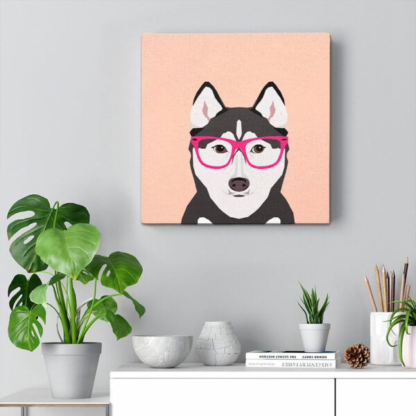 Dog Square Canvas – Siberian Husky With Pink Hipster Glasses – Funny Dog Canvas Print – Dog Wall Art Canvas – Dog Canvas Art – Furlidays