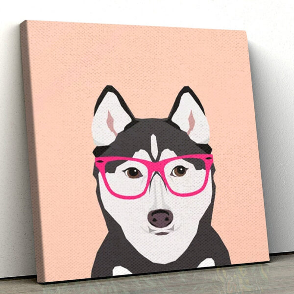 Dog Square Canvas – Siberian Husky With Pink Hipster Glasses – Funny Dog Canvas Print – Dog Wall Art Canvas – Dog Canvas Art – Furlidays