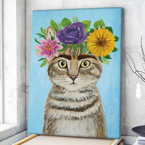 Cat Portrait Canvas – Cat With Flowers – Canvas Print – Cat Wall Art Canvas – Canvas With Cats On It – Cats Canvas Print – Furlidays