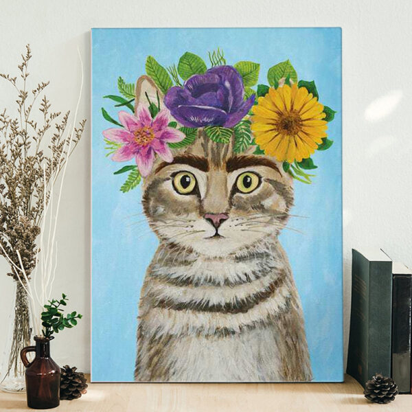 Cat Portrait Canvas – Cat With Flowers – Canvas Print – Cat Wall Art Canvas – Canvas With Cats On It – Cats Canvas Print – Furlidays