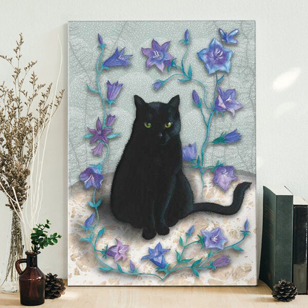 Cat Portrait Canvas – Black Cat With Bellflowers – Canvas Print – Cat Wall Art Canvas – Canvas With Cats On It – Cats Canvas Print – Furlidays