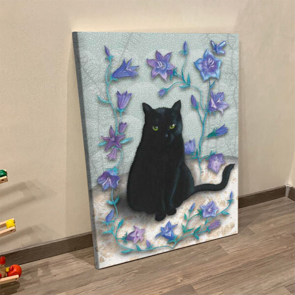 Cat Portrait Canvas – Black Cat With Bellflowers – Canvas Print – Cat Wall Art Canvas – Canvas With Cats On It – Cats Canvas Print – Furlidays