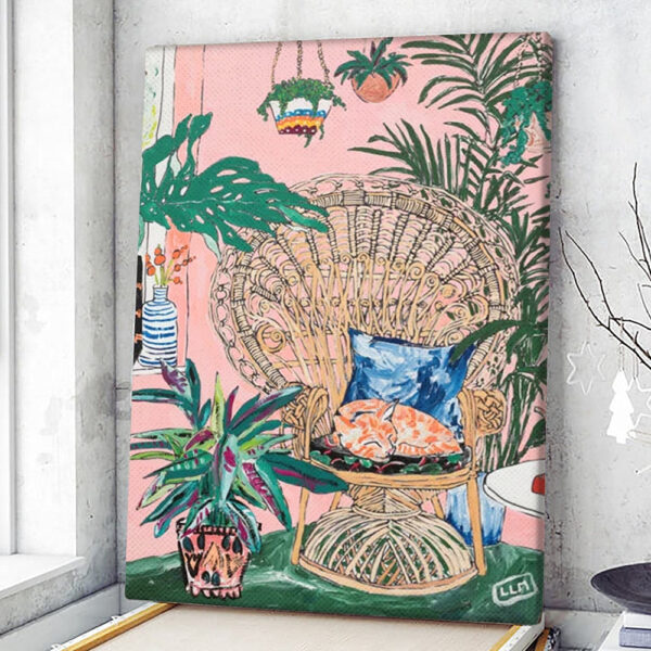 Cat Portrait Canvas – Cat Painting Posters – Ginger Cat In Peacock Chair With Indoor Jungle Of House Plants – Painting Canvas Print – Furlidays