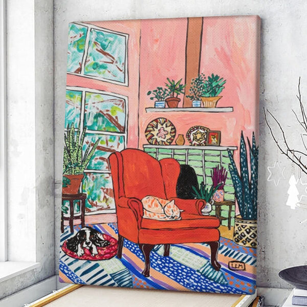 Cat Portrait Canvas – Red Armchair In Pink Interior With Houseplants – Painting Canvas Print – Cat Wall Art Canvas – Furlidays